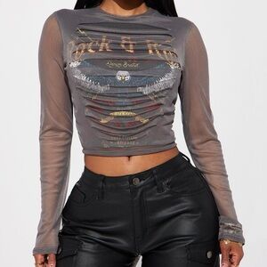 Gray Mesh Long Sleeve Crop Top